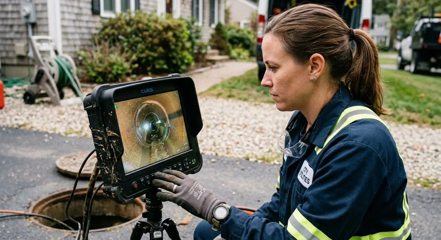 Technician reviewing sewer camera inspection footage in Bealeton