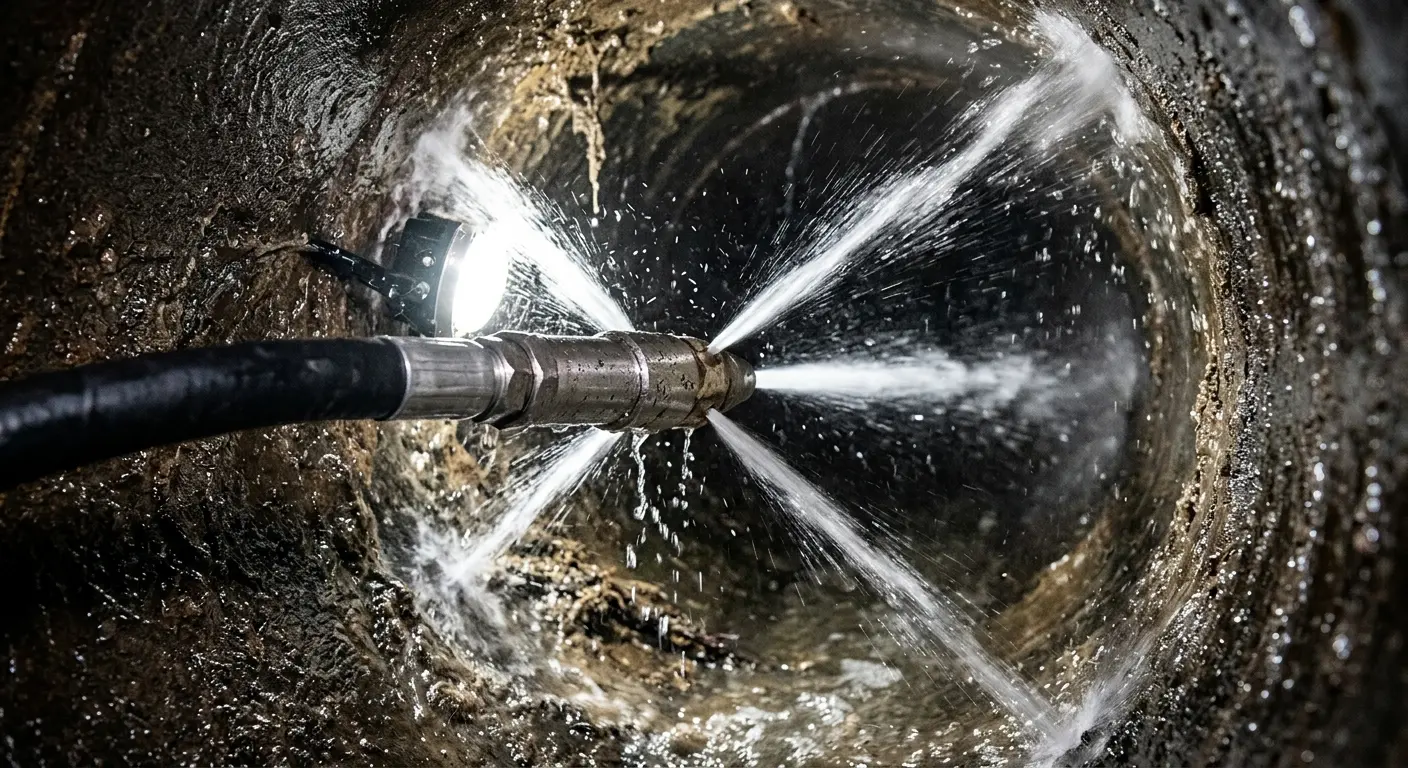 High-pressure hydro jetting nozzle cleaning sewer pipe for Emergency Drain Service in Bealeton