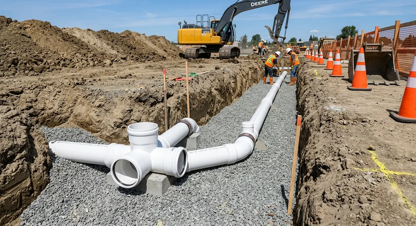 New PVC sewer pipe installation in open trench for Sewer Backup in Bealeton