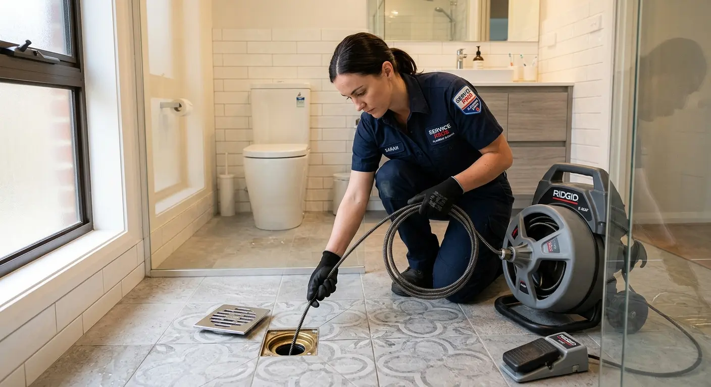 Technician clearing a bathroom floor drain for Sewer Line Replacement in Bealeton
